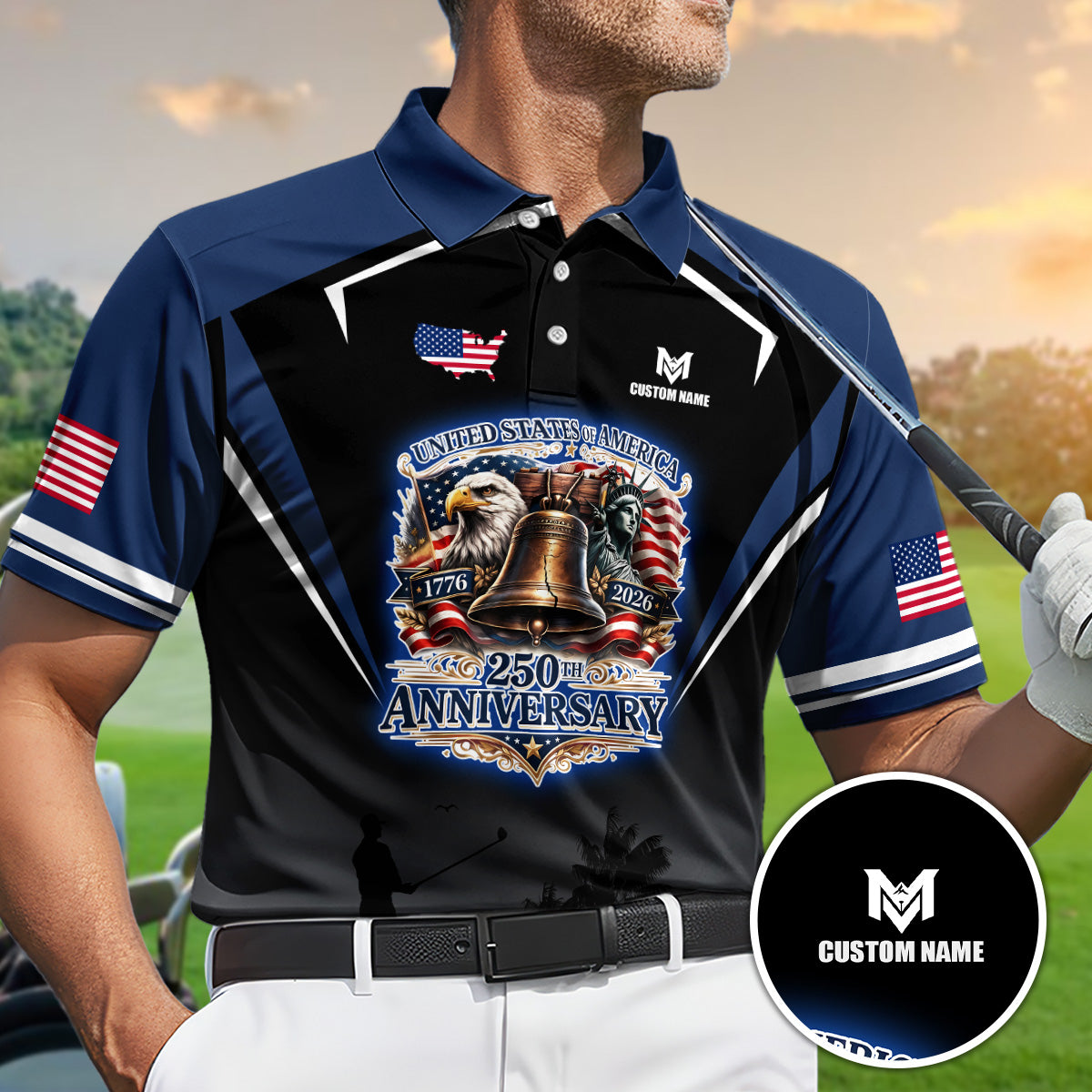 Personalized 250th Eagle Golf Polo, Custom Name Patriotic Design, Golf Gift Dad