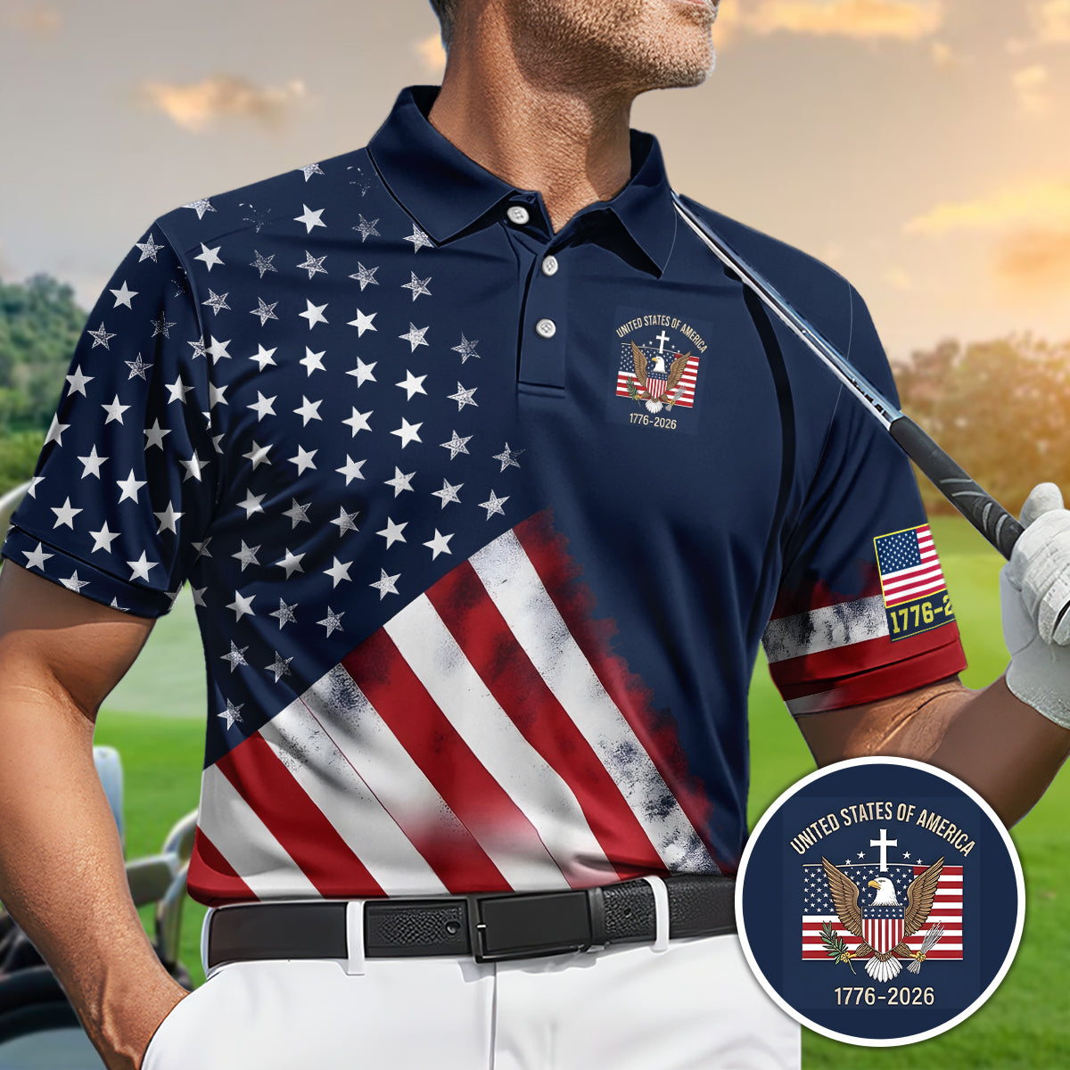 Golf Polo Shirt for Men, USA 250th Anniversary Flag, Patriotic Polo