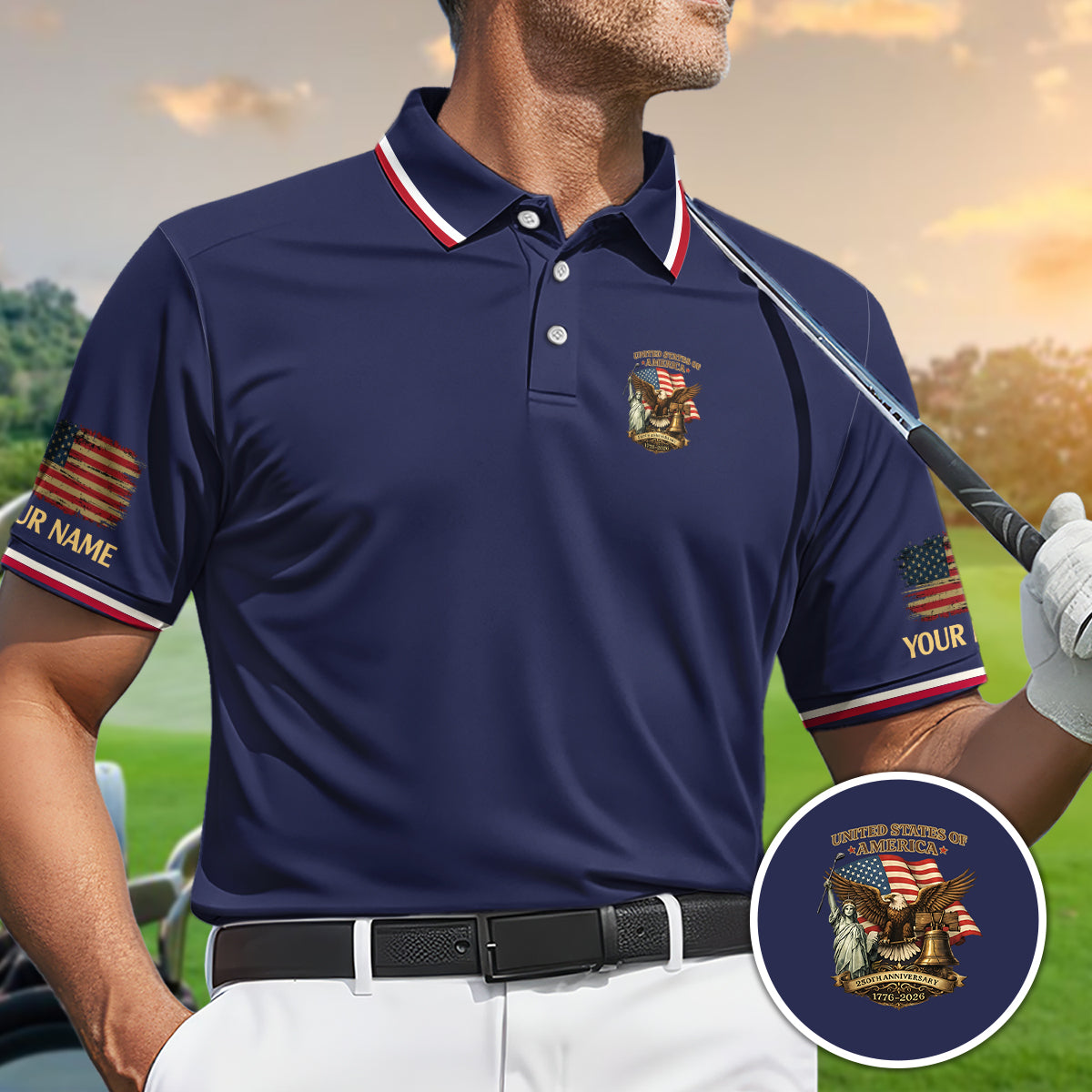 USA 250th Anniversary Eagle Golf Polo Custom Name Patriotic Shirt