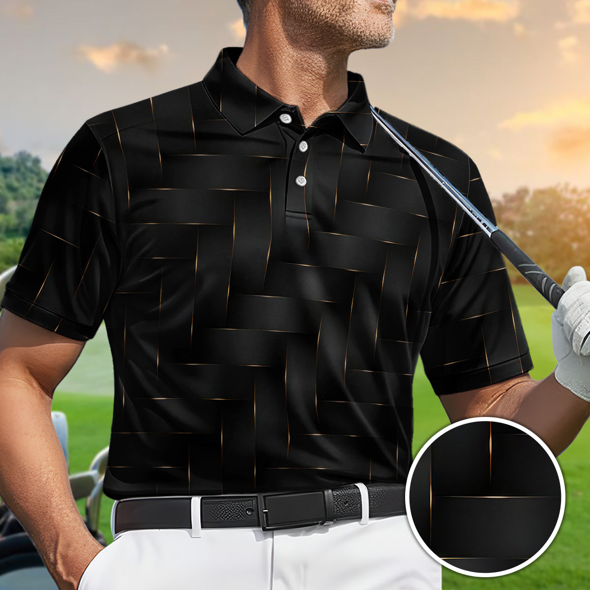 Golf Polo Shirt for Men, Woven Line Pattern, Modern Performance Top