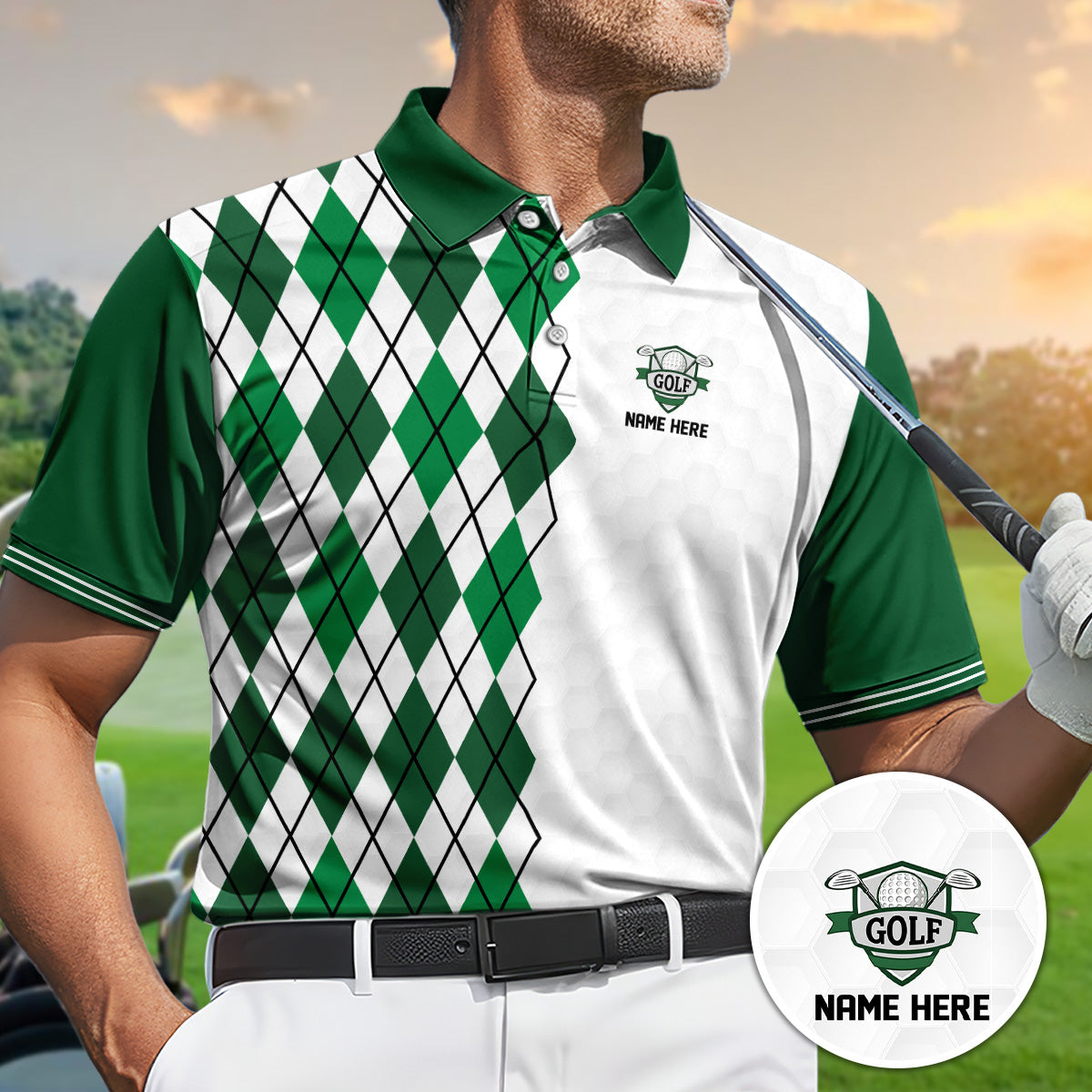 Personalized Golf Polo Shirt for Men, Argyle Pattern, Unique Golf Gift