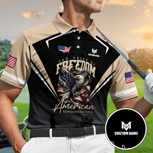 Personalized Golf Polo Shirt for Men, American Eagle Freedom 250, Custom Name Patriotic Golf Gift