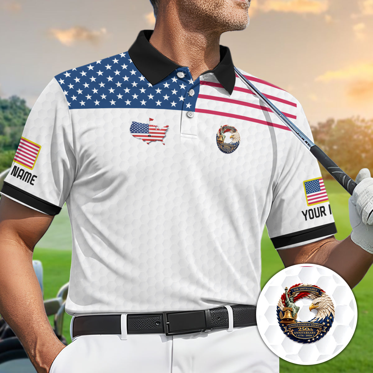 Custom USA Flag Golf Polo Shirt Golf Ball Texture Patriotic Performance