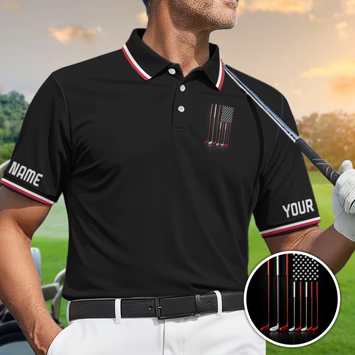 Custom Golf Polo Shirt USA Flag Clubs Performance Men