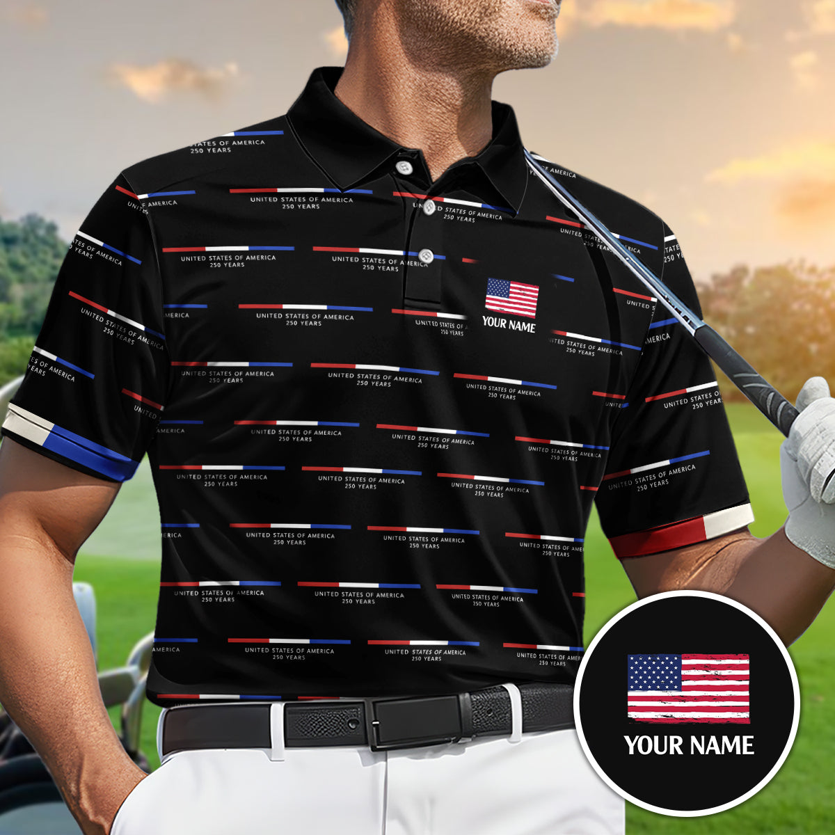 USA 250th Anniversary Golf Polo Shirt Custom Name Patriotic Men