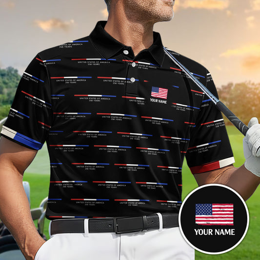 USA 250th Anniversary Golf Polo Shirt Custom Name Patriotic Men