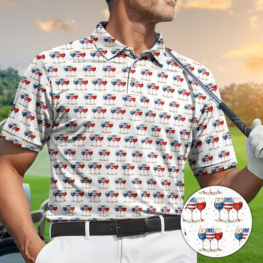 Patriotic Wine Glass Golf Polo USA Party Print Performance Shirt