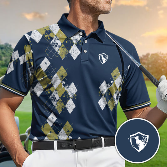 Golf Polo Shirt for Men, Argyle Pattern AOP Design, Unique Golf Gift