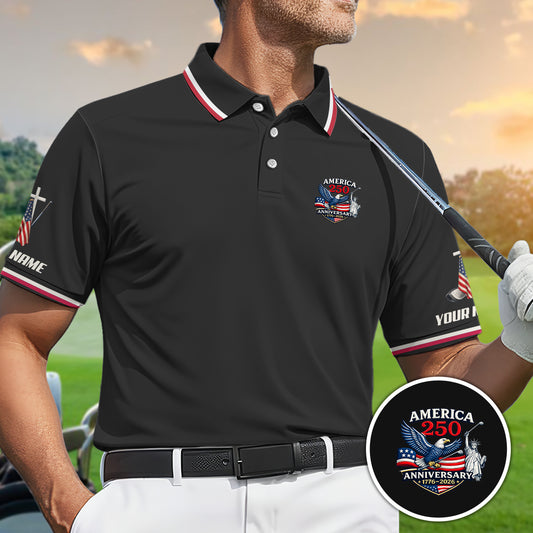 Men Golf Polo America 250 Anniversary Custom Name Patriotic Shirt