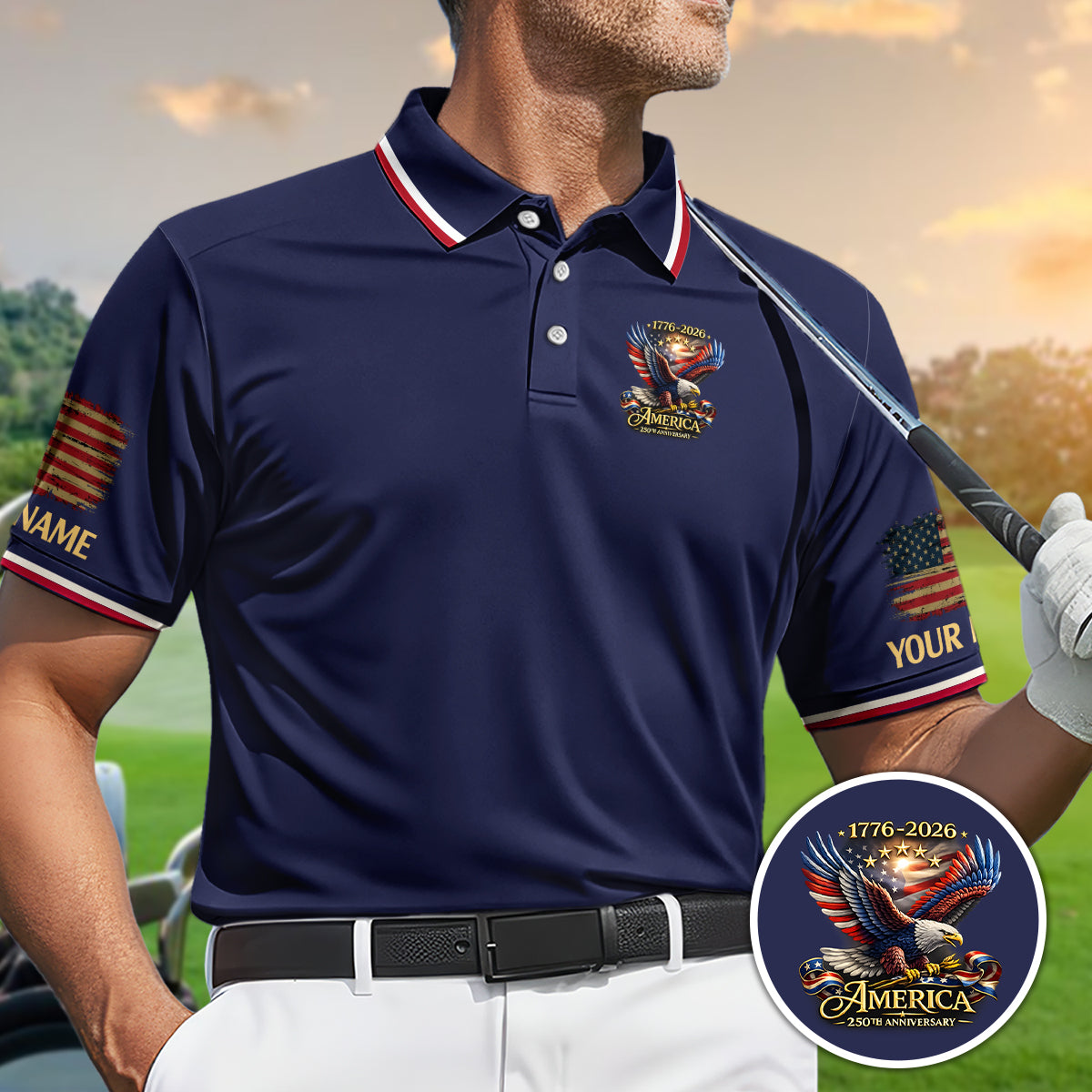 Personalized Golf Polo Shirt for Men, USA Eagle 250th Anniversary, Custom Name Patriotic Golf Gift