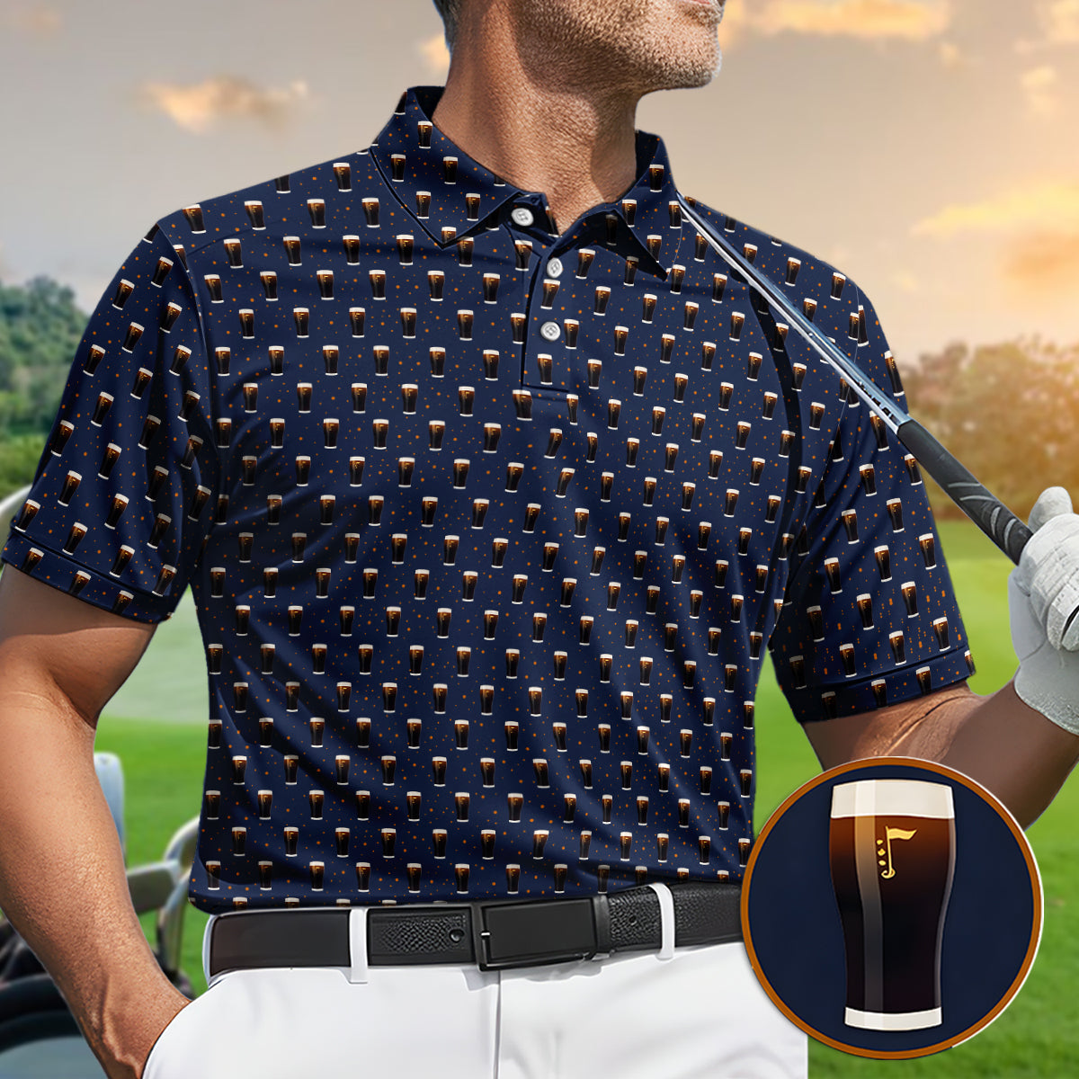 Golf Polo Shirt for Men, Beer Pint Pattern Funny Golf Shirt, Unique Golf Gift for Dad