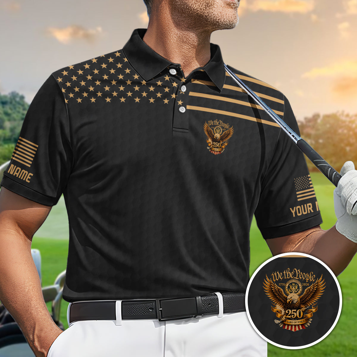 Patriotic Eagle 250 Years Golf Polo Custom Name Performance Shirt