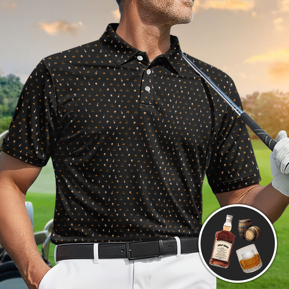 Golf Polo Shirt for Men, Whiskey Golf Pattern, Unique Gift for Dad