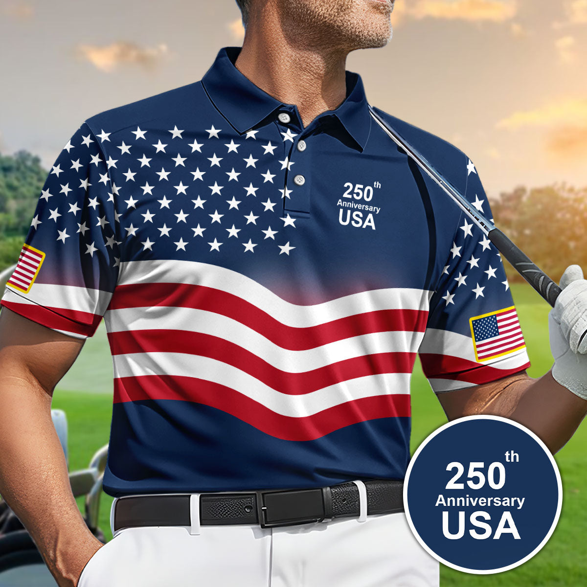 Golf Polo Shirt for Men, USA 250th Anniversary, Patriotic Gift