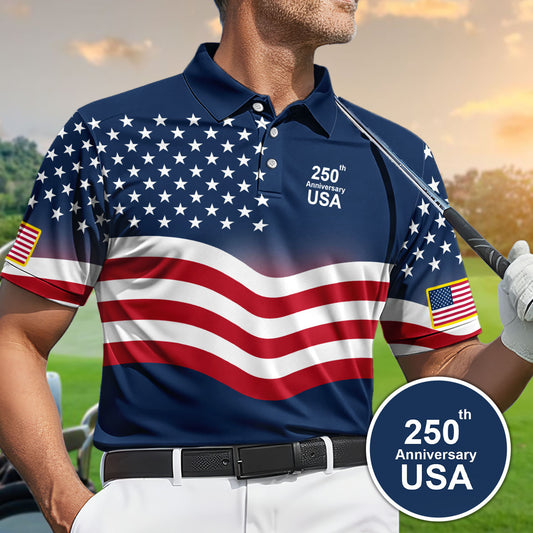 Golf Polo Shirt for Men, USA 250th Anniversary, Patriotic Gift