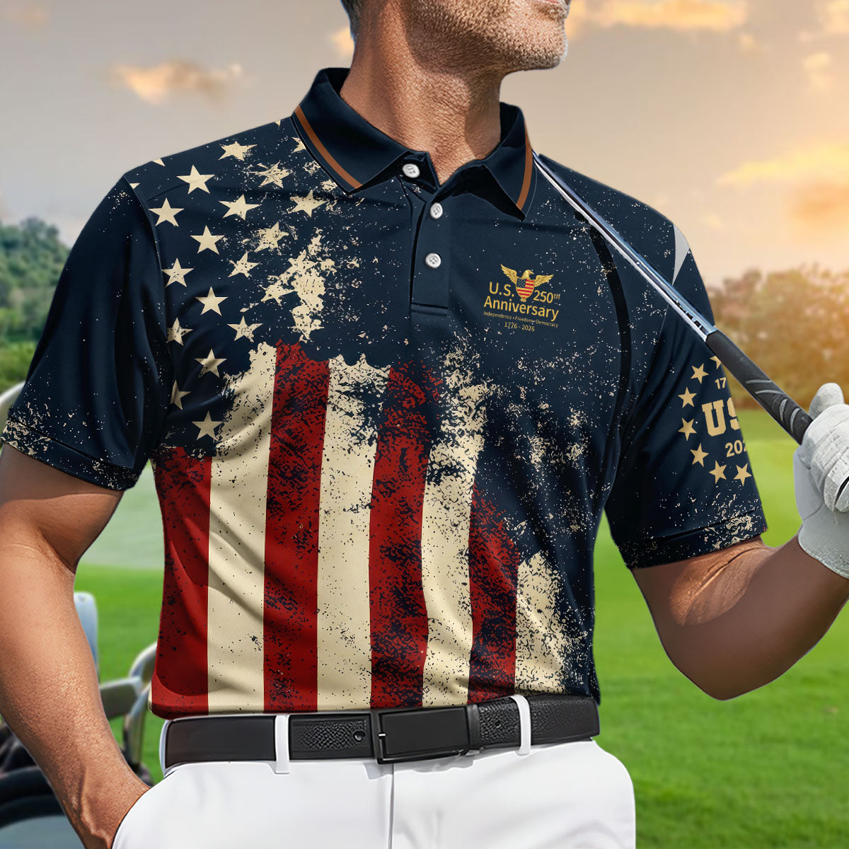 Golf Polo Shirt for Men, USA 250th Anniversary Distressed Flag, Unique Golf Gift