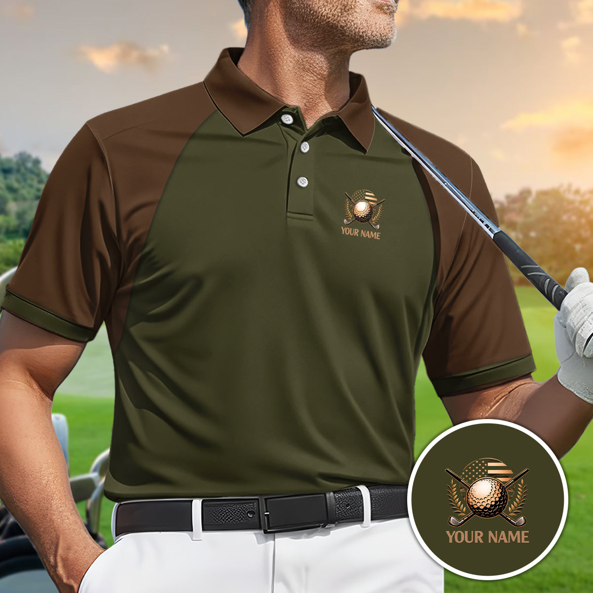 Custom Name Golf Polo USA Flag Crest Performance Shirt