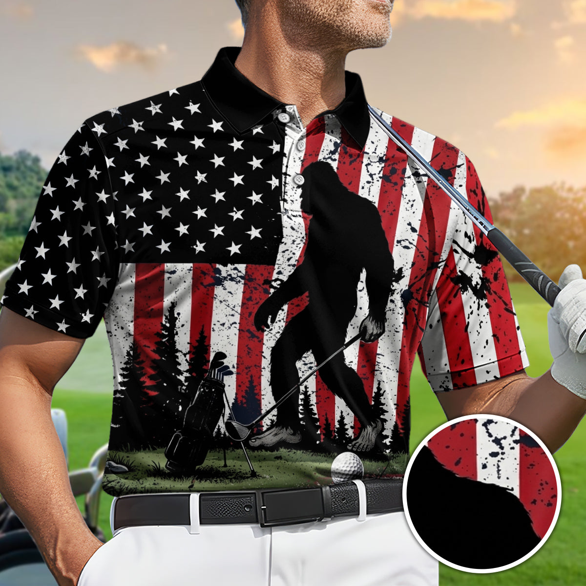 Golf Polo Shirt for Men, Bigfoot USA Flag Golf, Funny Golf Gift
