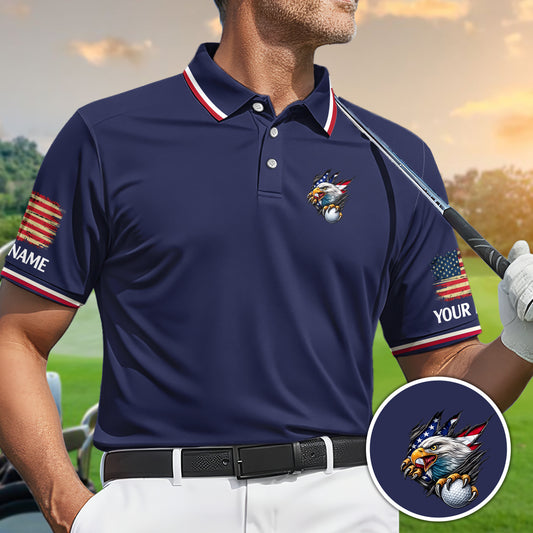 Patriotic Eagle Golf Polo Custom Name USA Flag Performance Shirt
