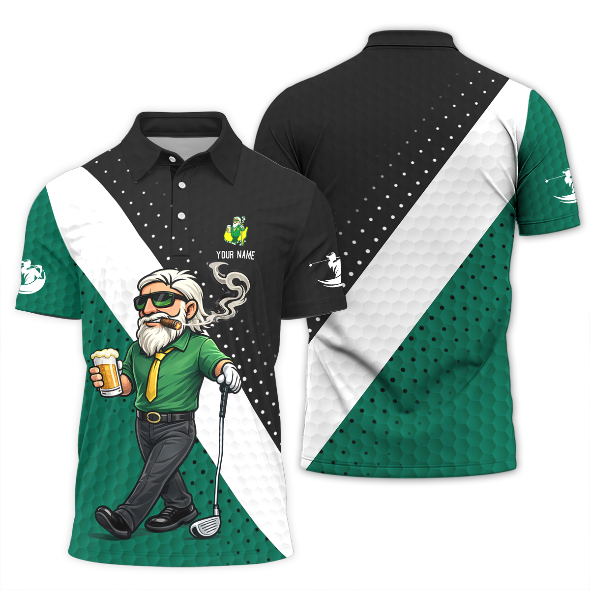 Personalized Golf Polo Shirt, Funny Golfer Drinking Beer Cartoon, Gift for Dad