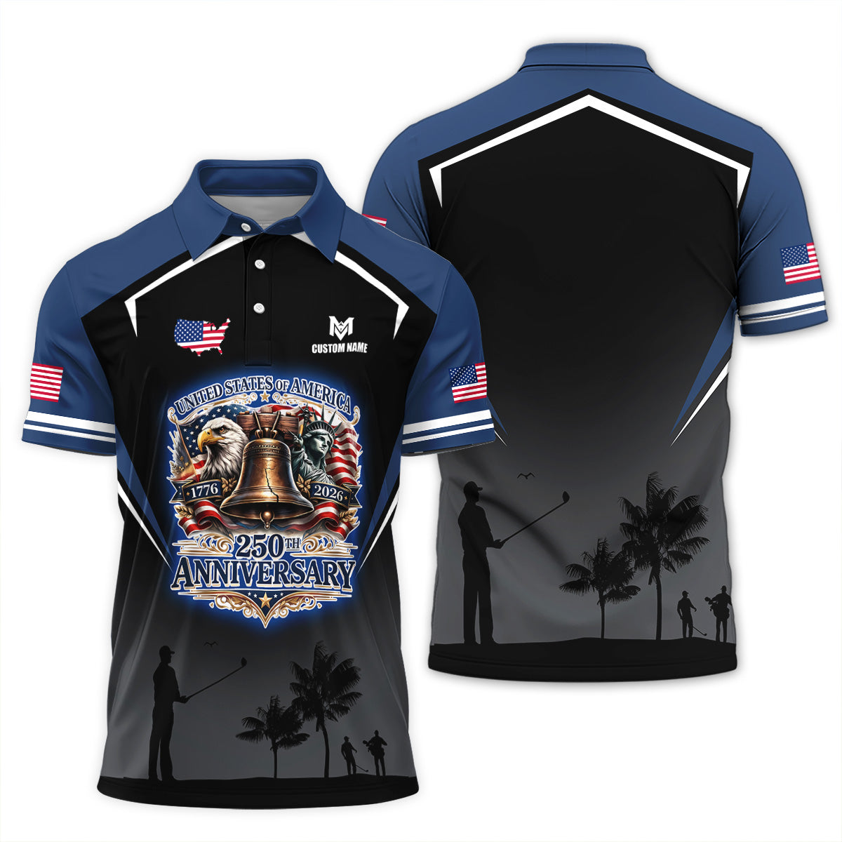Personalized 250th Eagle Golf Polo, Custom Name Patriotic Design, Golf Gift Dad