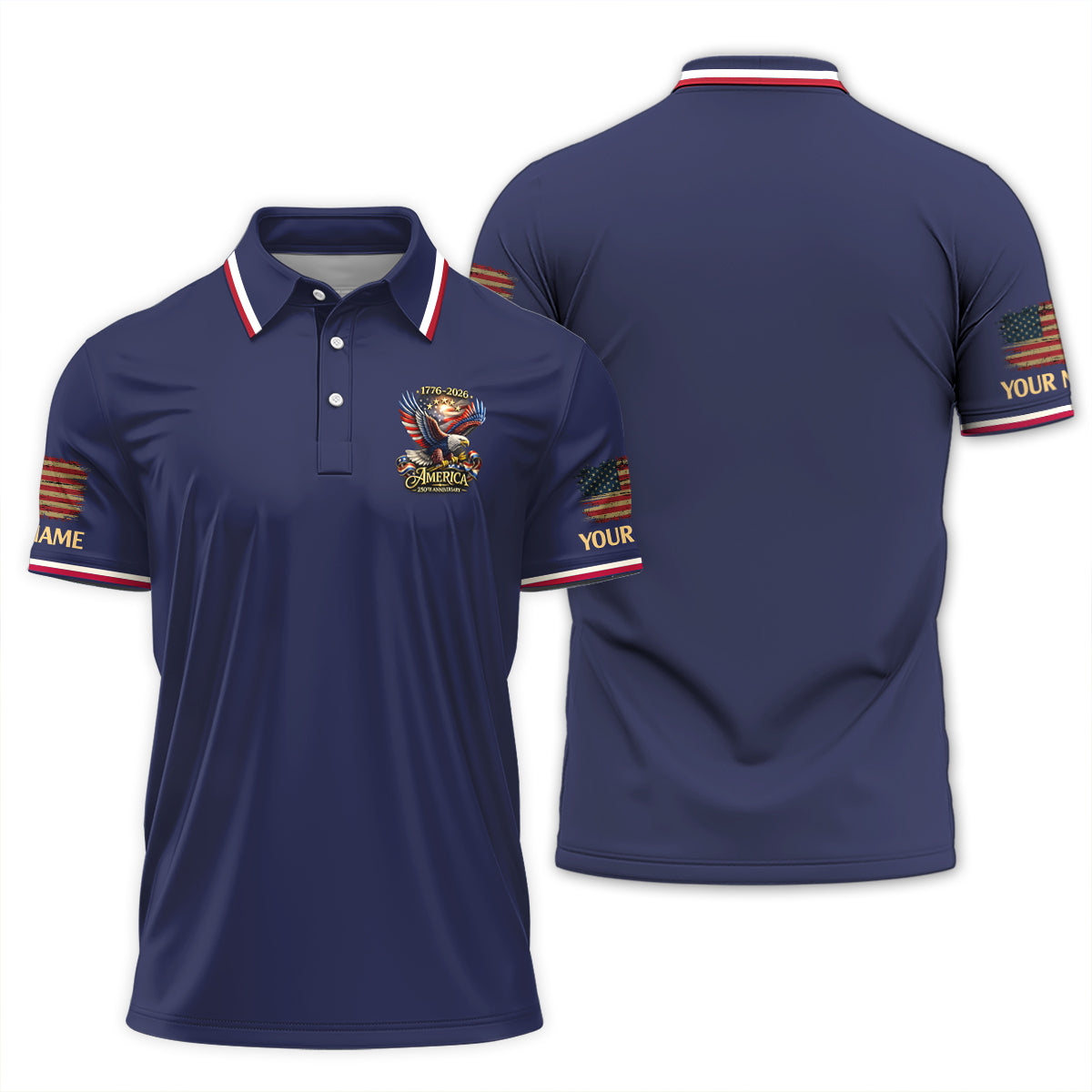 Personalized Golf Polo Shirt for Men, USA Eagle 250th Anniversary, Custom Name Patriotic Golf Gift