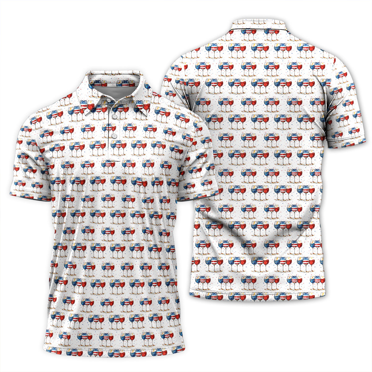 Patriotic Wine Glass Golf Polo USA Party Print Performance Shirt
