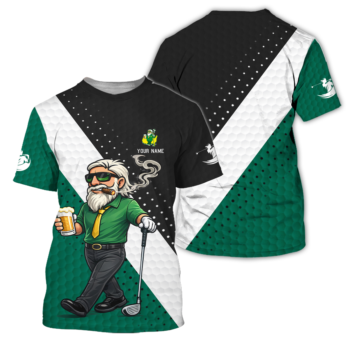 Personalized Golf Polo Shirt, Funny Golfer Drinking Beer Cartoon, Gift for Dad