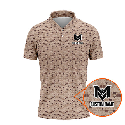 Brown Golf Ball Pattern Polo Shirt for Men Classic All Over Print Performance Golf Polo Lightweight Breathable Golf Apparel