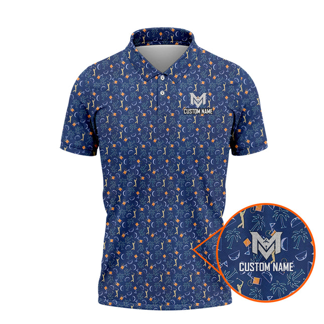 Funny Golf & Whiskey Pattern Polo Shirt for Men Tropical All Over Print Performance Golf Polo Lightweight Breathable Golfer Shirt