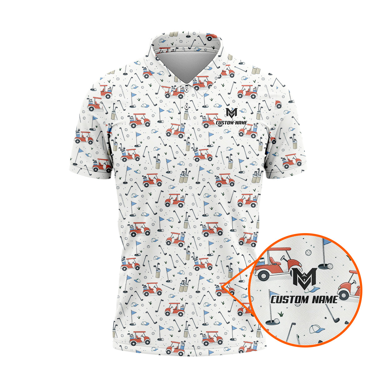 Personalized Funny Golf Cart Pattern Polo Shirt for Men All Over Print Golf Equipment Design Performance Golf Polo Lightweight Breathable Golf Apparel