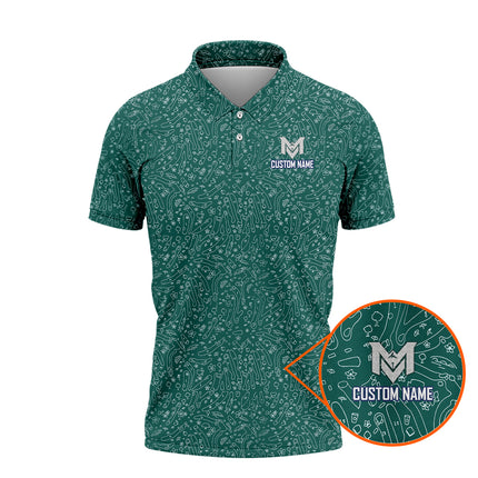 Green Golf Doodle Pattern Polo Shirt for Men Funny All Over Print Performance Golf Polo Lightweight Breathable Golf Apparel