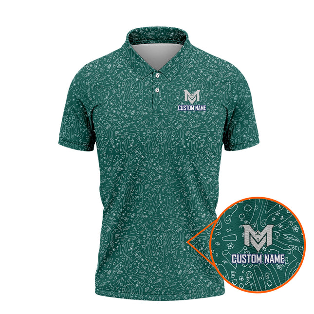 Green Golf Doodle Pattern Polo Shirt for Men Funny All Over Print Performance Golf Polo Lightweight Breathable Golf Apparel