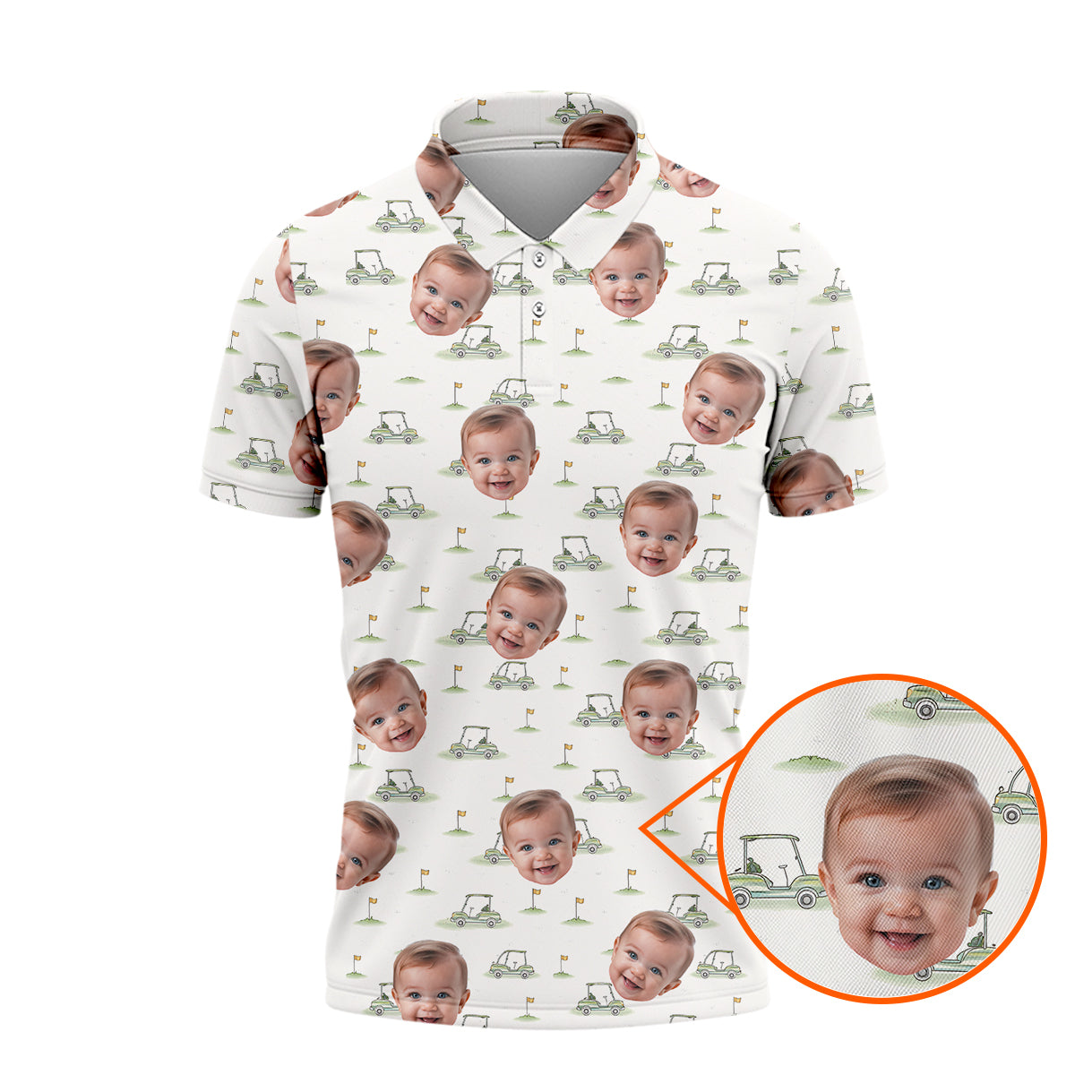 Funny Custom Baby Face Golf Polo Shirt for Men Personalized Photo Golf Shirt with Golf Cart Pattern All Over Print Unique Golf Gift for Dad or Grandpa