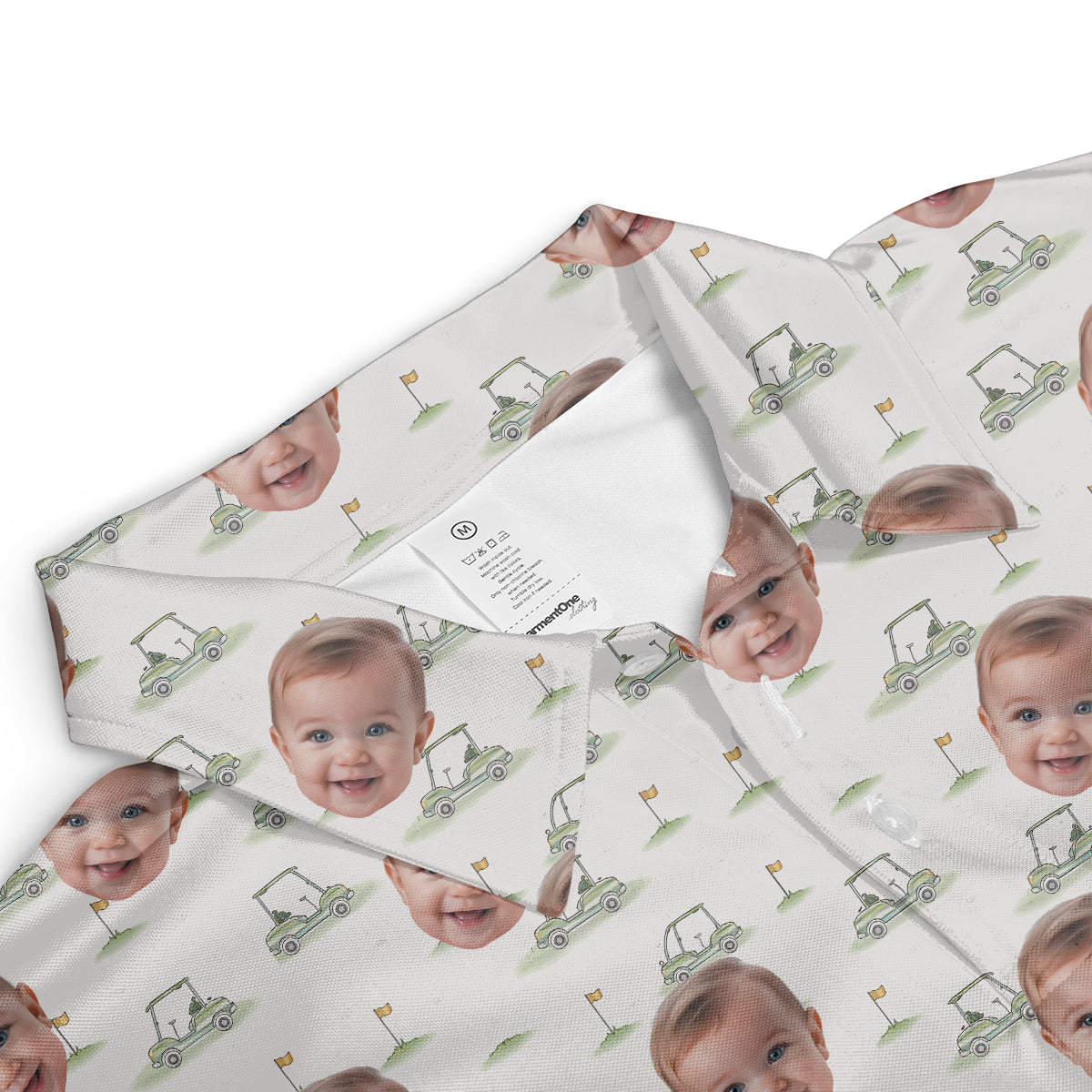 Funny Custom Baby Face Golf Polo Shirt for Men Personalized Photo Golf Shirt with Golf Cart Pattern All Over Print Unique Golf Gift for Dad or Grandpa