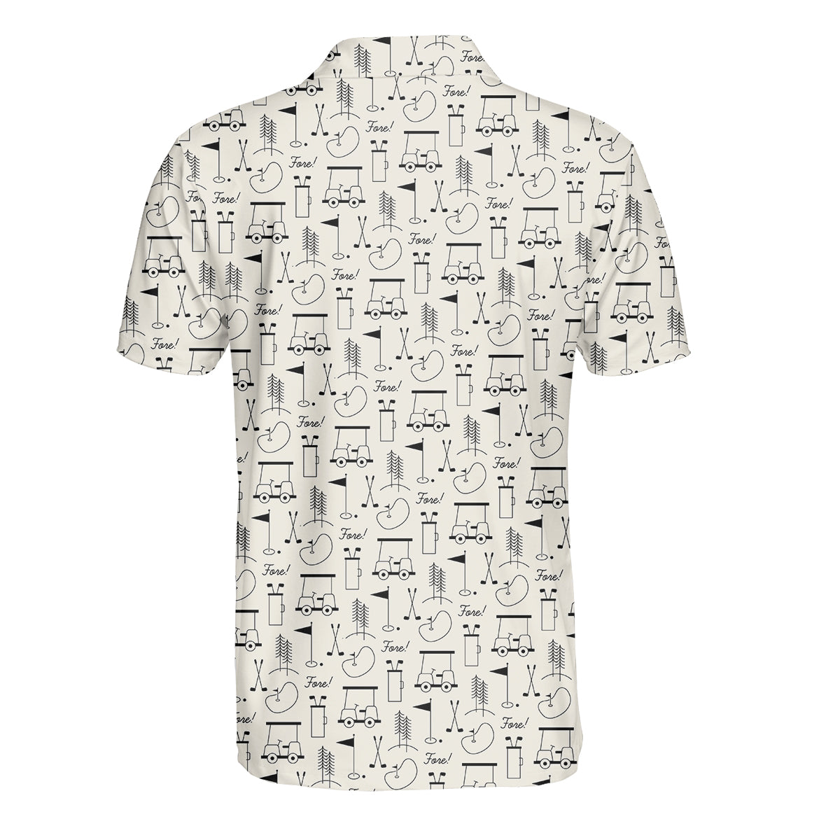 Men’s Funny Golf Polo Shirt, Golf Cart & Clubs “Fore!” Pattern, Casual Golf Polo for Golfers, Golf Lover Gift