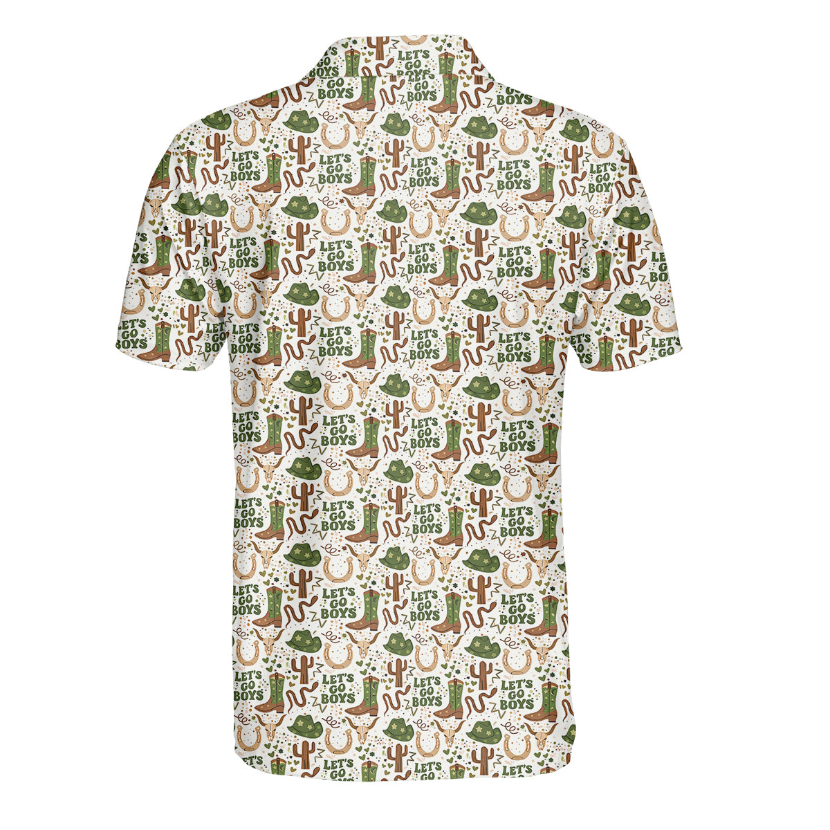 Men’s Funny Cowboy Golf Polo Shirt, Western Boots Cactus “Let’s Go Boys” Pattern Golf Shirt, Country Western Golf Apparel, Rodeo Style Golf Polo