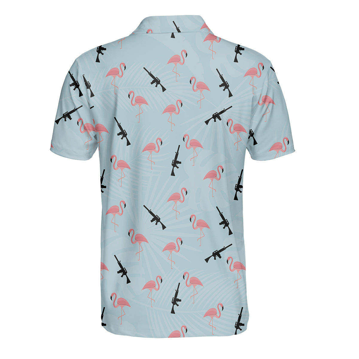 Funny Flamingo Gun Golf Polo Shirt for Men – Tactical Flamingo Pattern Performance Golf Shirt, Lightweight Breathable Novelty Golf Polo