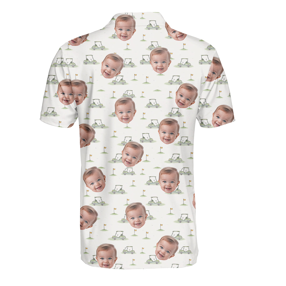 Funny Custom Baby Face Golf Polo Shirt for Men Personalized Photo Golf Shirt with Golf Cart Pattern All Over Print Unique Golf Gift for Dad or Grandpa