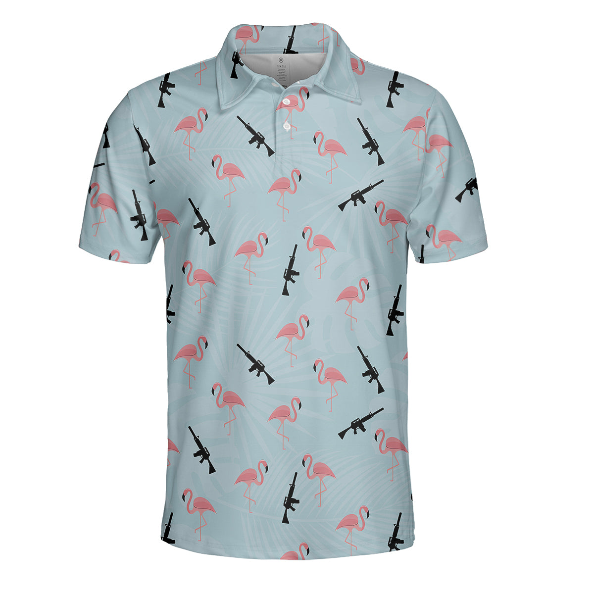 Funny Flamingo Gun Golf Polo Shirt for Men – Tactical Flamingo Pattern Performance Golf Shirt, Lightweight Breathable Novelty Golf Polo