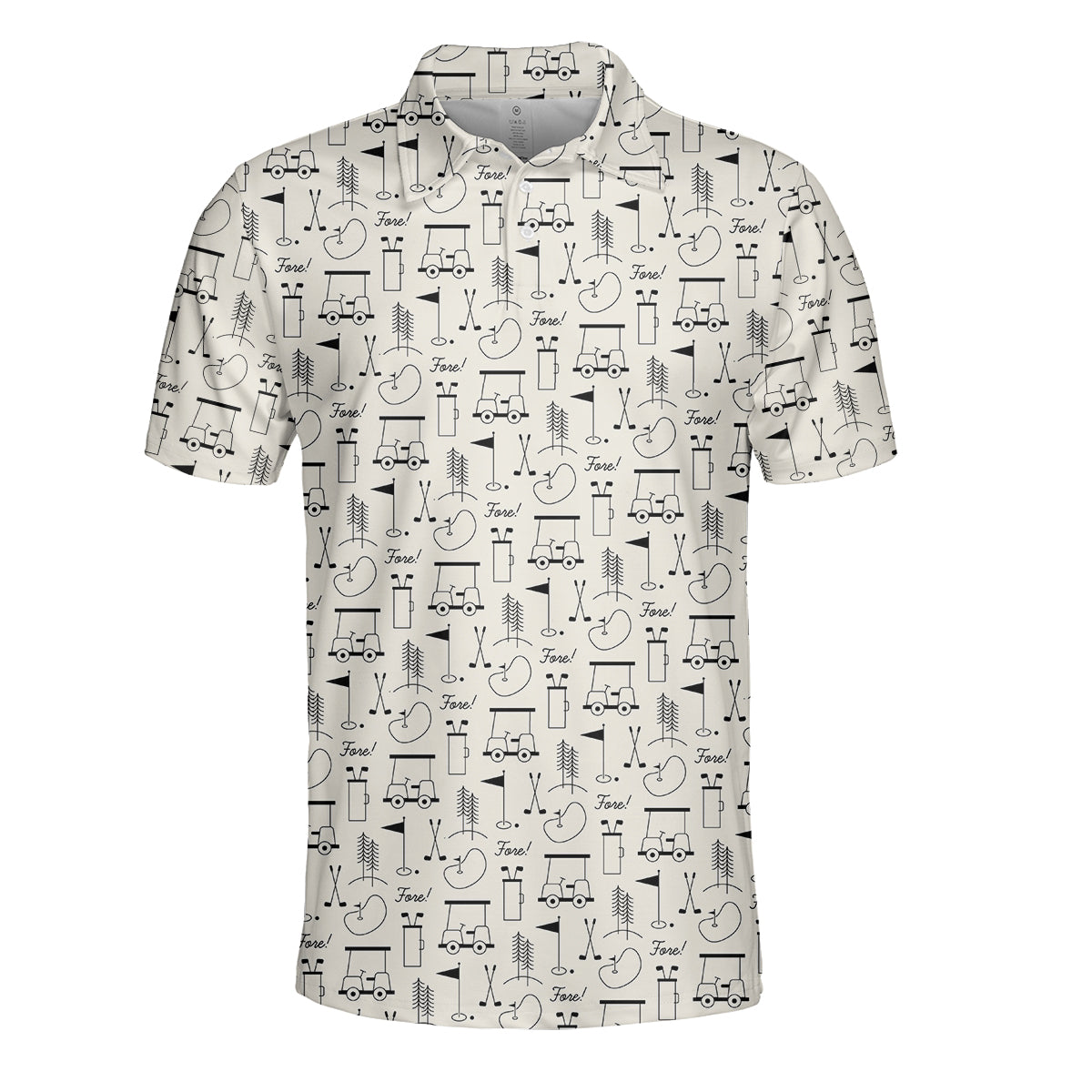 Men’s Funny Golf Polo Shirt, Golf Cart & Clubs “Fore!” Pattern, Casual Golf Polo for Golfers, Golf Lover Gift