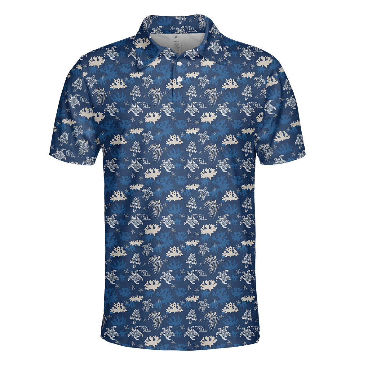Men’s Hawaiian Sea Turtle Golf Polo Shirt, Ocean Coral & Marine Pattern Golf Shirt, Tropical Beach Style Golf Polo, Summer Golf Apparel