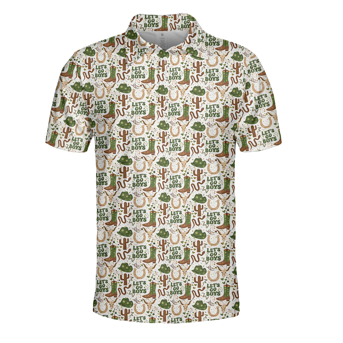 Men’s Funny Cowboy Golf Polo Shirt, Western Boots Cactus “Let’s Go Boys” Pattern Golf Shirt, Country Western Golf Apparel, Rodeo Style Golf Polo