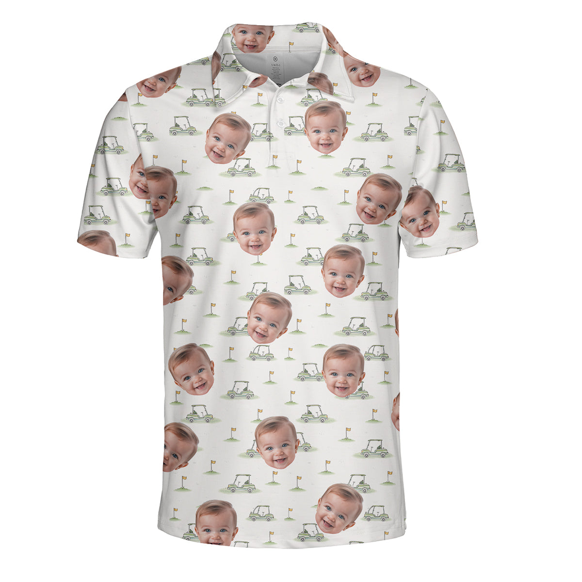 Funny Custom Baby Face Golf Polo Shirt for Men Personalized Photo Golf Shirt with Golf Cart Pattern All Over Print Unique Golf Gift for Dad or Grandpa