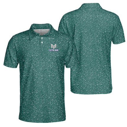 Green Golf Doodle Pattern Polo Shirt for Men Funny All Over Print Performance Golf Polo Lightweight Breathable Golf Apparel