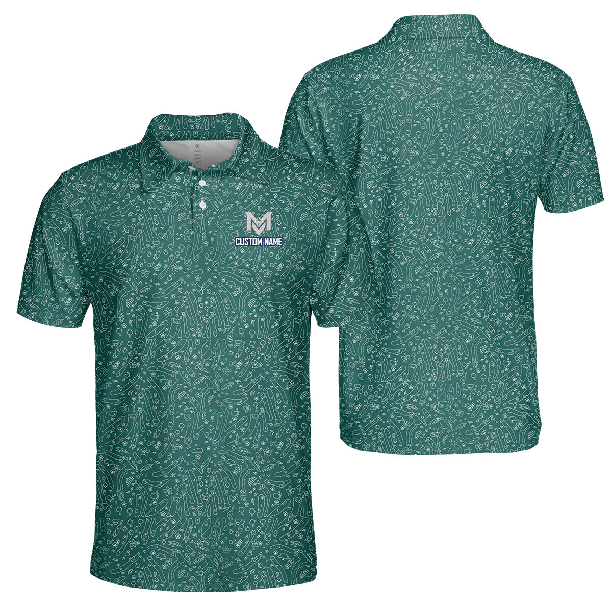 Personalized Green Golf Doodle Pattern Polo Shirt for Men Funny All Over Print Performance Golf Polo Lightweight Breathable Golf Apparel