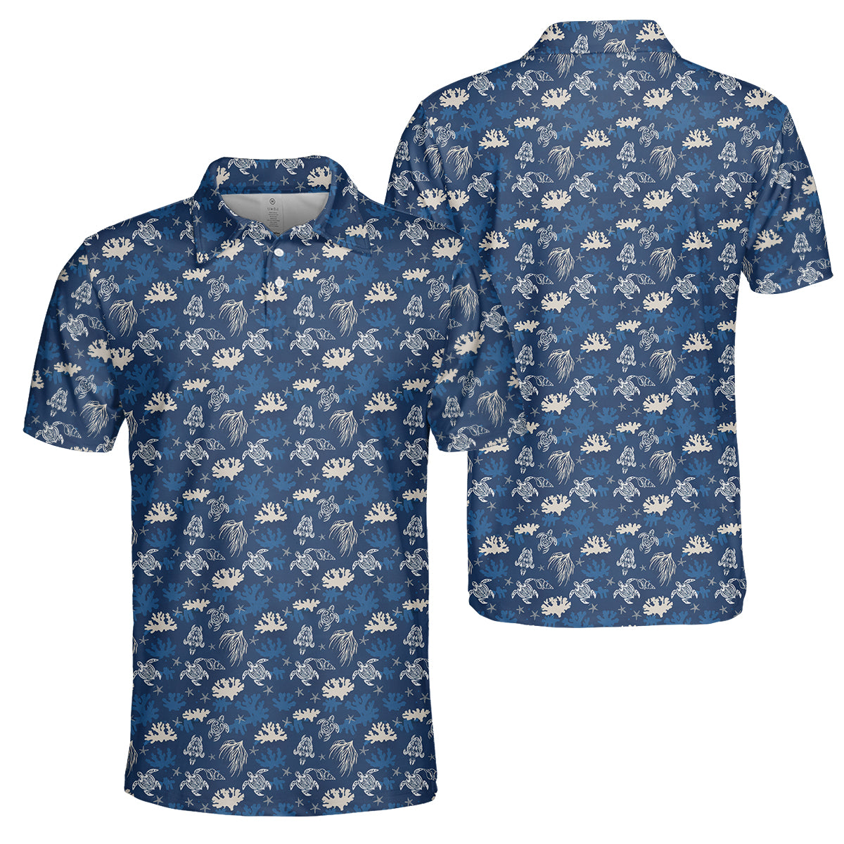 Men’s Hawaiian Sea Turtle Golf Polo Shirt, Ocean Coral & Marine Pattern Golf Shirt, Tropical Beach Style Golf Polo, Summer Golf Apparel