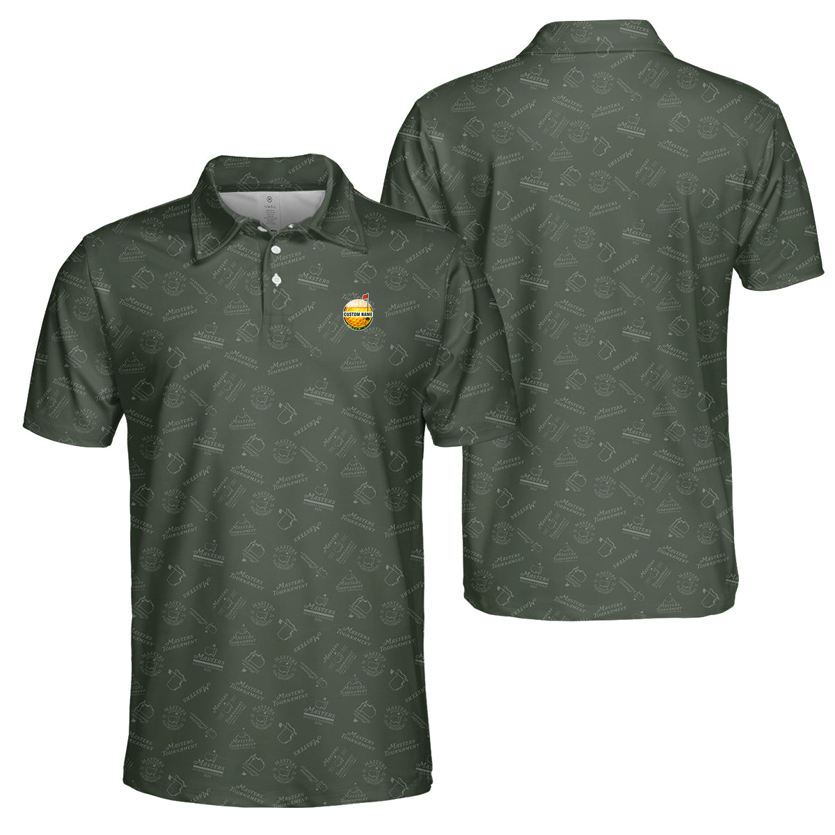 Personalized Masters Style Golf Polo Shirt for Men – Custom Name Golf Ball Logo Performance Polo, Dark Green Pattern Golf Shirt Gift for Golfers