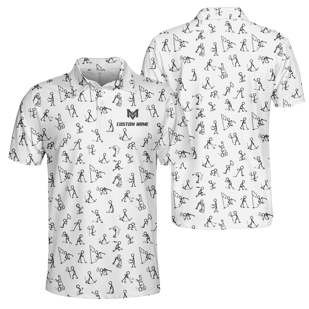 Funny Stick Figure Golf Pattern Polo Shirt for Men Custom Name All Over Print Golf Polo Golf Lover Gift Lightweight Performance Golf Shirt