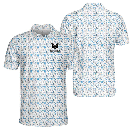 Blue Funny Golf Icons Polo Shirt for Men Golf Equipment Pattern All Over Print Performance Golf Polo Lightweight Breathable Golf Apparel